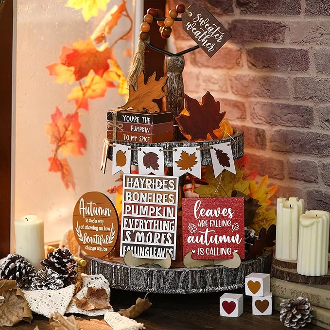 19 Pcs Retro Fall Tiered Tray Decor Autumn Farmhouse Home Decorations Set Fall Wood Tray Decor Autumn Thanksgiving Day Decorative Sign for Tabletop Kitchen Office Decorations