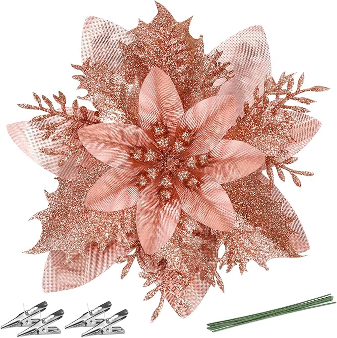 Christmas Poinsettia Artificial Flowers Decorations 5.5" Christmas Tree Wreaths Garland Decoration 12 Pcs Glitter Flowers Picks Decor for Xmas Wedding Party Ornaments (Rose Gold)