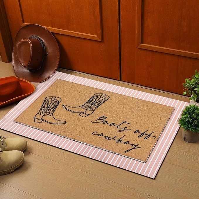 2 Pcs Fall Door Mat Western Cowboy Welcome Non Slip Coir Mats Pink Stripe Floor Layering Doormats Seasonal for Front Porch Entryway Decor(Cowboy)