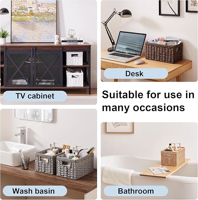 OIAHOMY Wicker Baskets, Paper Rope Storage Baskets for Organizing with Built-in Handles, 2 Packs-Brown