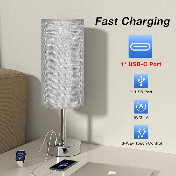 Grey Touch Nightstand Lamps for Girl - Small Bedside Lamp with USB-C and USB Charging Ports, 3 Way Dimmable Control Table Lamp for Living Room Office, Dorm, Reading with Fabric Shade Silver Base