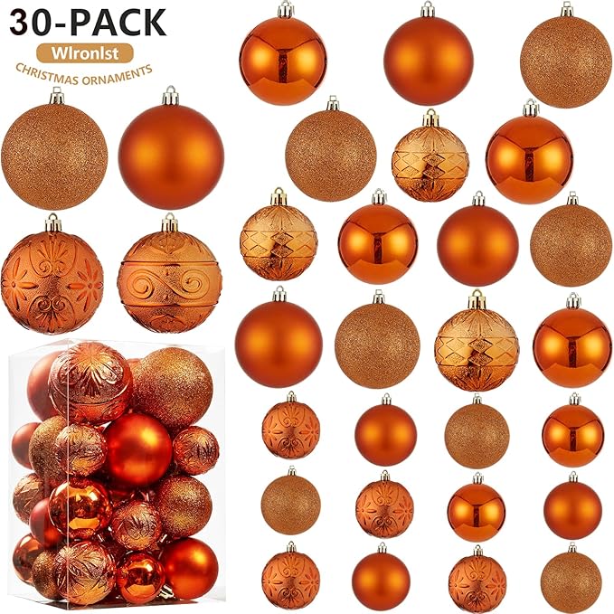 Wironlst Christmas Ball Ornaments - 30pcs Shatterproof Plastic Christmas Ornaments Hanging Ball Decorations for Xmas Tree, Holiday, Wedding, Party (Multi-Size, Orange)