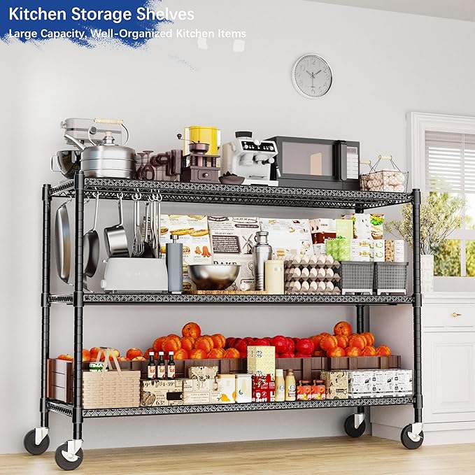 Heavy Duty Shelving, 51.6" H Garage Shelving Unit with Wheels, 3-Tier Garage Storage Shelves Metal Shelves Rack, Adjustable Industrial Shelving for Warehouse Storage, 60" W x 24" D x 51.6" H, Black