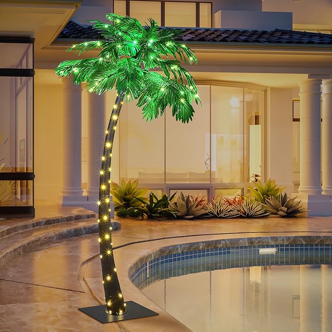 Lightshare 7FT Gorgeous Solar Palm Tree Artificial Tree, 96LED Lights, Decoration for Office, Home, Party, Christmas, Nativity, Outdoor Patio