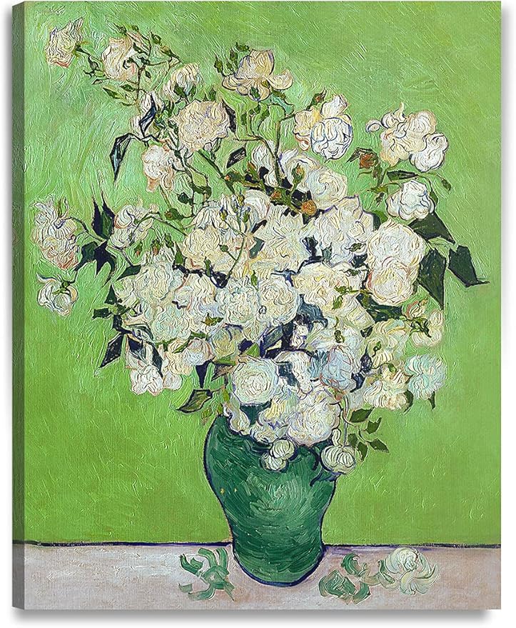 DECORARTS - Pink Roses in a Vase, Vincent Van Gogh Art Reproduction. Giclee Print on Canvas. Wall Art for Home. 40x32
