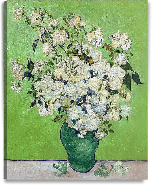 DECORARTS - Pink Roses in a Vase, Vincent Van Gogh Art Reproduction. Giclee Print on Canvas. Wall Art for Home. 40x32