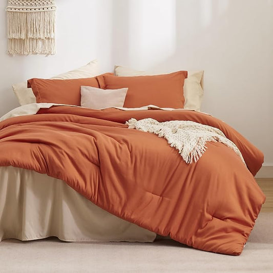 Bedsure Full Size Comforter Set - 7 Pieces Burnt Orange Full Bedding Set for All Seasons, Boho Contrasting Design Bed in a Bag with Comforter, Sheets, Pillowcases & Shams