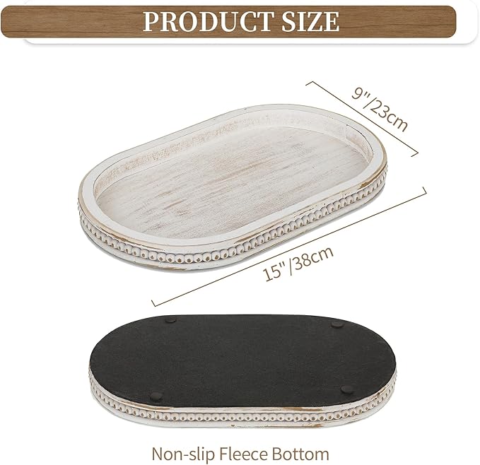 Hanobe Decorative Serving Tray Wood: White Washed Bead Oval Tray for Coffee Table Rustic Wooden Trays Decor Farmhouse Kitchen Counter Tray Vintage Centerpiece for Living Room Home Organizer