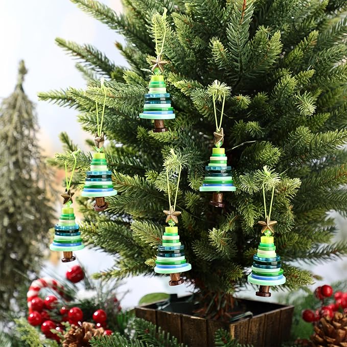Soulchen 12 Sets Button Christmas Tree Craft Kits Make Your Own Button Christmas Tree Decorations DIY Xmas Hanging Ornament for Holiday Stocking Filler Gift Decor(Green)