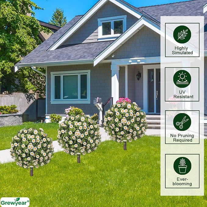 Set of 2 Artificial Topiary Ball Trees with White Mum, Faux Boxwoods for Outdoor Planters with Ground Spike, UV Resistant Artificial Outdoor Plants for Porch, Fake Bushes Round Shrub