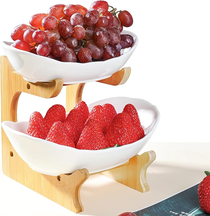 Seven Sparta 2 Tier Fruit Bowl for Kitchen Counter/Ceramic Serving Bowls with Bamboo Stand/Tiered Fruit Basket for Fruit Vegetable Storage, Cake, Dessert, Nuts, Snack, Salad (Dishwasher Safe)