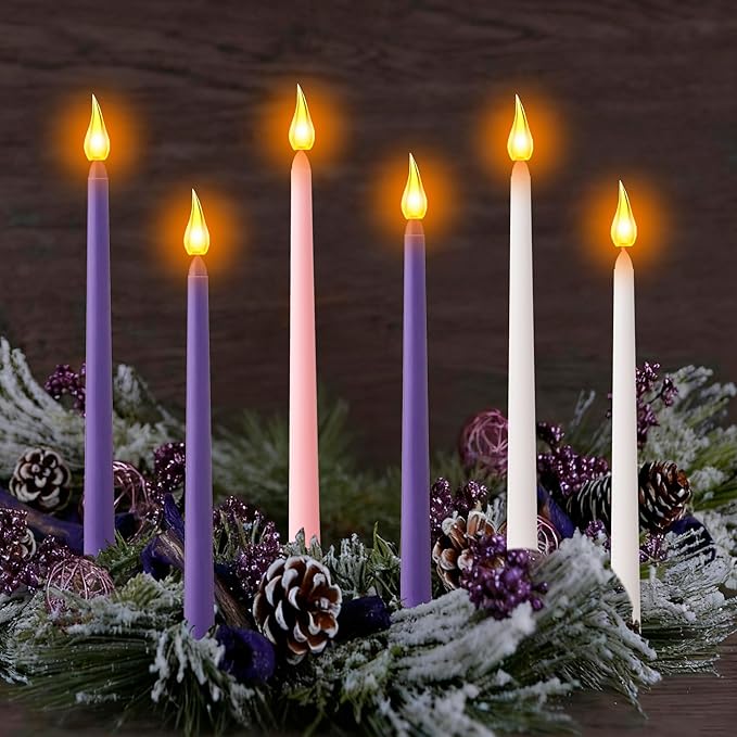 Advent Candles Set of 6, Dripless Advent Taper Candles with 3-Purple 1-Pink 2-White, Christmas Advent Taper Candle 10 Inch Long for Holidays, Celebrations, Devotional, Church, Wreath