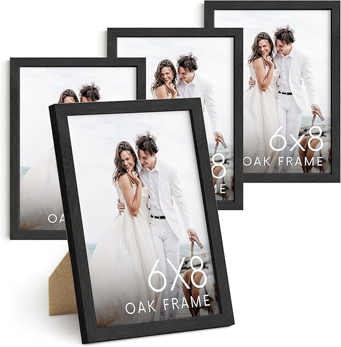 HAUS AND HUES 6x8 Black Oak Wooden Picture Frame - Set of 4 6x8 Poster Frame - Premium Oak, Vertical Hang, Shatterproof Plexiglass - Ideal for Home, Room, Office (6x8-inch, Black, Set of 4)