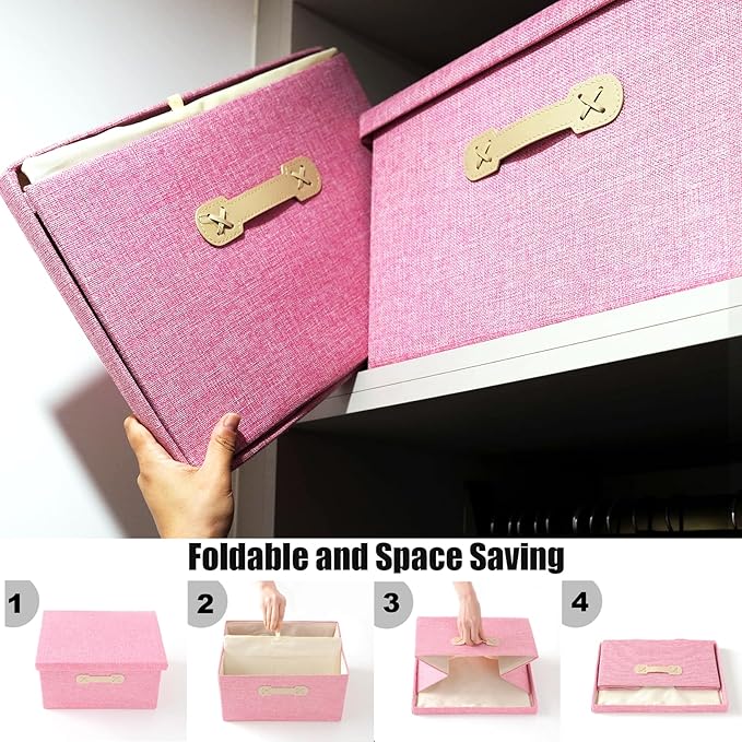 Enzk&Unity Decorative Storage Bins with Lids, Fabric Linen Foldable Storage Box with Handle Home Organizer for Shelf, Closet, Bedroom, Living Room, Office, 3 Packs, Pink