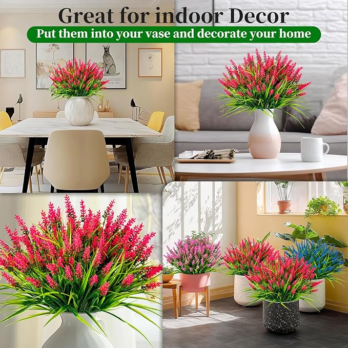Artificial Flowers for Outdoor Plants 24 Bundles Fake Lavender Plastic Faux Monkey Grass for Verandah Window Garden Office Patio Front Porch UV Resistant for Planter(Hot Pink)