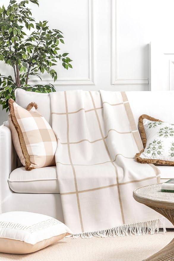 Hofdeco Premium Coastal Decorative Throw Blanket for Patio Couch Sofa, Neutral Tan Plaid with Fringe, 52"x71"