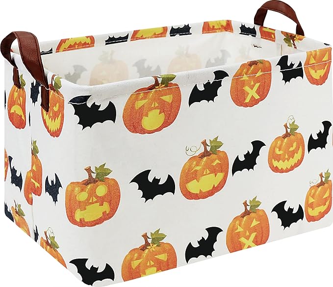 CLOCOR Rectangular Storage Basket,Collapsible Fabric Storage Container,Waterproof Toy Bin with Handles,Gift Basket(Pumpkin Halloween)