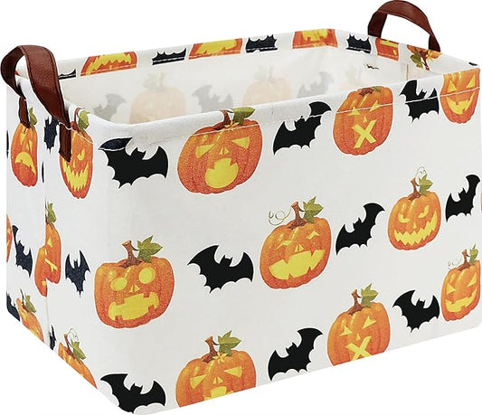 CLOCOR Rectangular Storage Basket,Collapsible Fabric Storage Container,Waterproof Toy Bin with Handles,Gift Basket(Pumpkin Halloween)