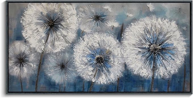 Pogusmavi Dandelion Wall Art Blue Wall Decor Painting Living Room Plant Pictures Framed Paintings for Wall Decorations Artwork for Walls Dining Room Decor 29x58 Black Framed