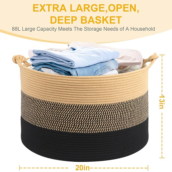 Laundry Basket,20''x13''Woven Cotton Rope Laundry Hamper,Blanket Basket for Living Room;Toy Storage Basket for Organizing;Baby basket;Nursery Hamper,Clothes Hamper for kids(Yellow/Black)