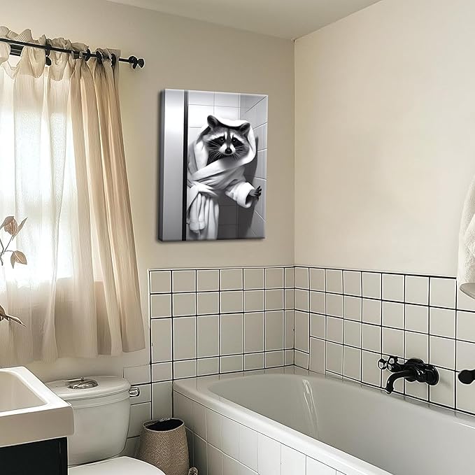 Funny Bathroom Wall Decor, Black and White Raccoon Canvas Wall Art, Humor Animal Decor Raccoon in a bathrobe Picture Prints for Restroom Bathroom 12x16 inch Framed