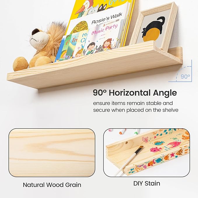 Picture Ledge Shelf for Wall, 16 inch Solid Pine Wood Nursery Book Shelves 2 Packs, Floating Ledge Shelves for Kids' Room Bedroom Bathroom Living Room Photo Frames Office Nursey Wall Decor, Natural