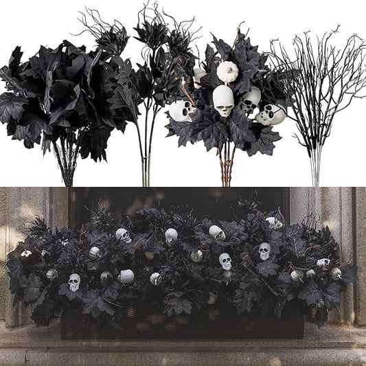 18pcs Fake Plants Outdoor, Halloween Maple Pumpkin Branch, Autumn Artificial White Pumpkins Stem with Black Maple Leaves, Faux Maple Leaves Spray for Halloween Thanksgiving Home Deocr(Black)