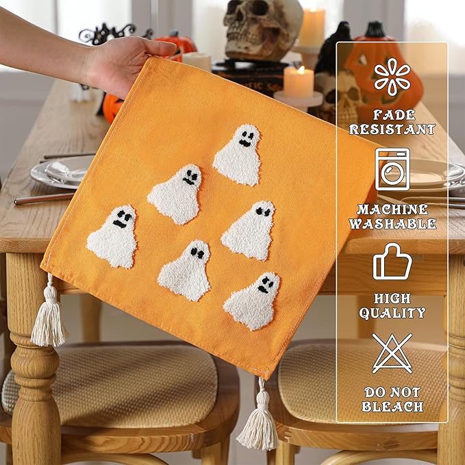 Breling Halloween Ghost Table Runner Jacquard Cute Ghost Halloween Dinner Table Runner Fall Autumn Kitchen Dining Decoration for Kitchen Farmhouse Holiday Party Home Decor 13x72 Inch(Orange)