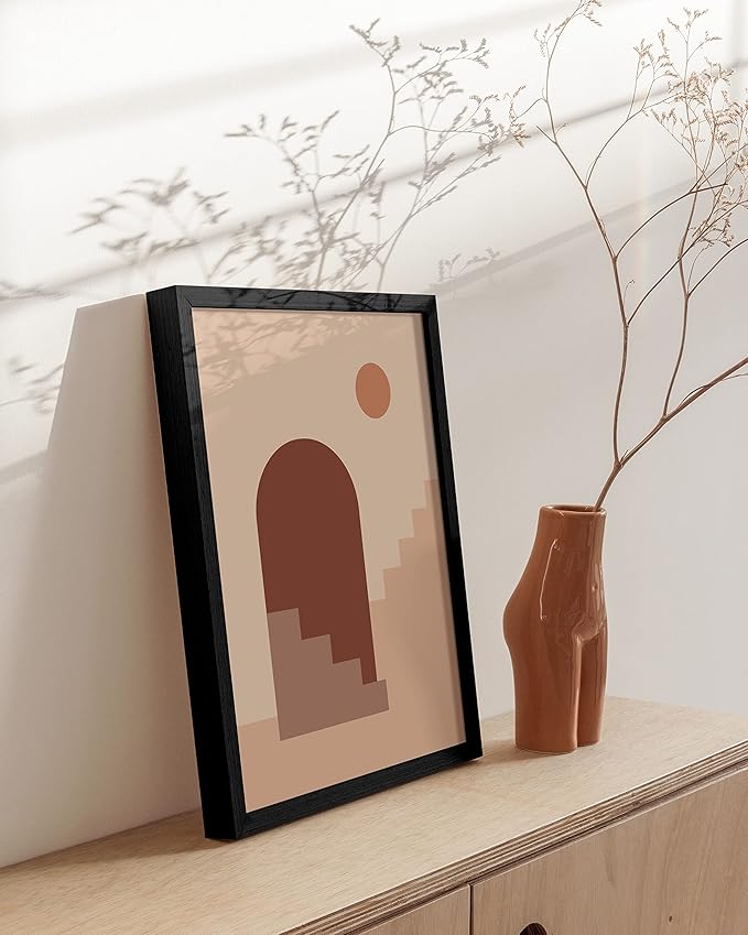 HAUS AND HUES Boho Art Prints Minimalist Decor - Boho Wall Art Mid Century Modern Decor, Minimalist Wall Art, Modern Art Wall Prints, Sun and Two Staircases (Black Framed, 12x16)