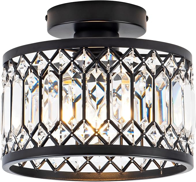 Crystal Ceiling Light Fixture, Modern Semi Flush Mount Ceiling Light,Crystal Chandelier for Kitchen Bedroom Bathroom Entryway Black (Bulb not Included)