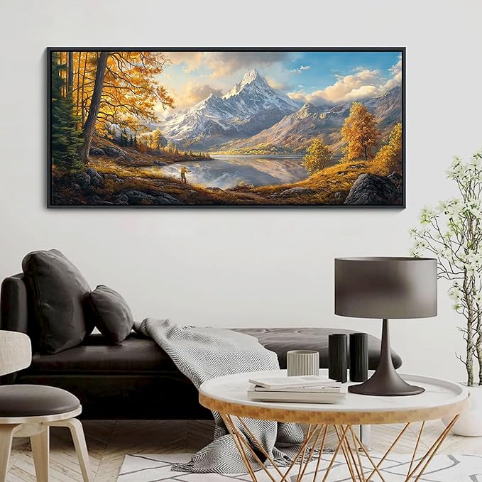 YCPRIMER Extra Large Landscape Wall Art - Mountain Canvas Wall Decor Nature Forest Picture Yellow Tree Painting Moon Art for Living Room Bedroom Dining Room Decoration Framed Artwork Size 70x31inchs