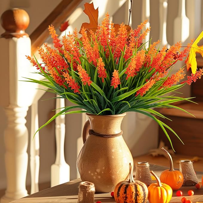 Artificial Flowers for Outdoor Plants 24 Bundles Fake Lavender Plastic Faux Monkey Grass for Verandah Window Garden Office Patio Front Porch UV Resistant for Planter(Orange)