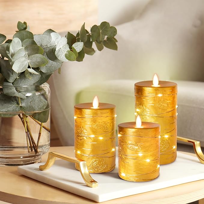 Da by Gold Flameless Candle, Battery-Powered Candle with Recessed String Light, LED Candle with 11-Button Remote, 24-Hour Timer Function, Dancing Flame, Real Wax