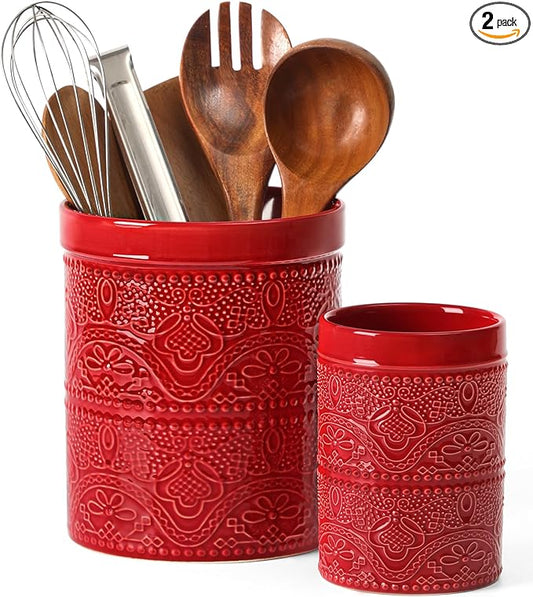 FUN ELEMENTS Kitchen Utensil Holder, 7.2+5.5" Super Large Utensil Crock Heavy and Stable Lace Emboss Ceramic Utensil Holder for Kitchen Counter (2Pcs Christmas Red)