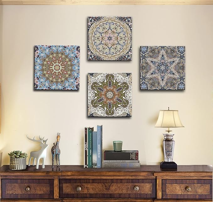 dgbtcart Bathroom Decor Mandala Wall Art, Boho Artwork Floral Pictures Painting Prints for Living Room Decoration - 12”x12”x4 Panel