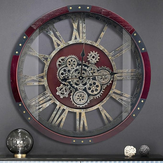 DORBOKER 27" Original Moving Gears Wall Clock, Large Industrial Wall Clock for Living Room Decor, Retro Metal Solid Wood Vintage Farmhouse Steampunk Rustic Clocks for Wall Decor,Cherry Red