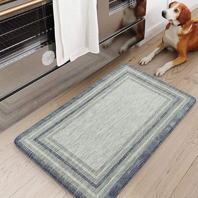 KIMODE Anti Fatigue Kitchen Mats, 17.3" x 29" Farmhouse Kitchen Rugs, Cushioned, Non-Slip Waterproof Comfort Thick Kitchen Floor Standing Mat for Corner Sink, Laundry Floor, Blue and Gray