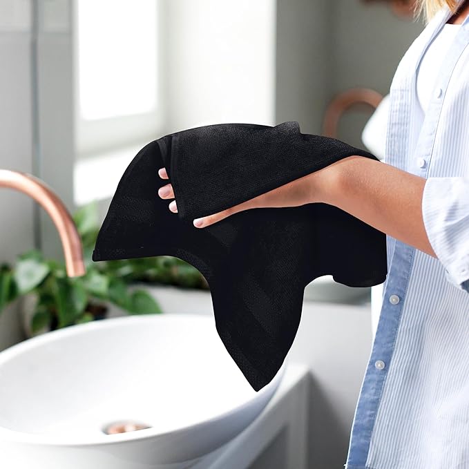 GLAMBURG Ultra Soft 6-Piece Hand Towel Set 16x28-100% Ringspun Cotton - Durable & Highly Absorbent Hand Towels - Ideal for use in Bathroom, Kitchen, Gym, Spa & General Cleaning - Black