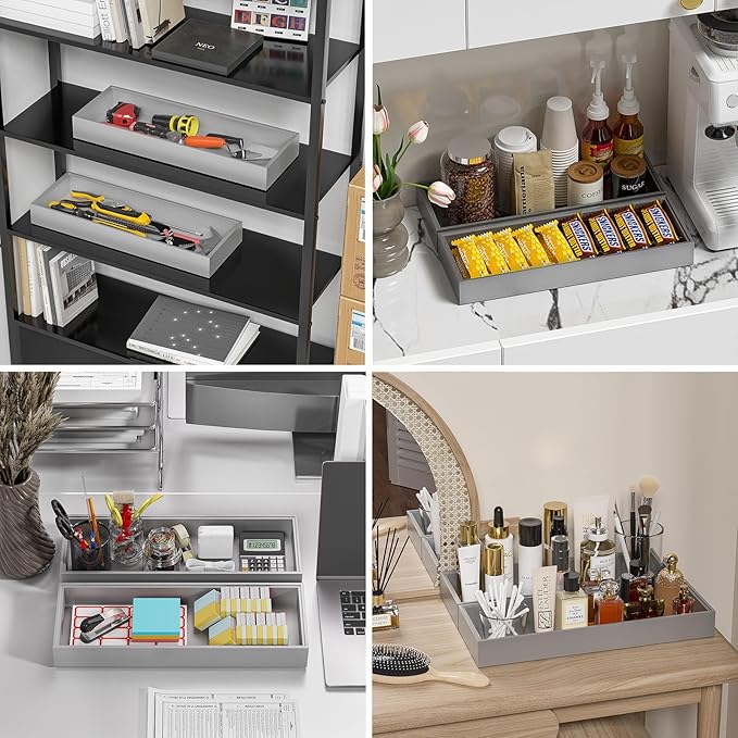 Bamboo Drawer Organizer, Extra Large Silverware Organizer for Kitchen Drawer, Stackable Utensil Organizer, 2 Pcs Toilet Tank Topper Tray, Wooden Toilet Paper Basket (Silver, 17 X 6 X 2 Inch)