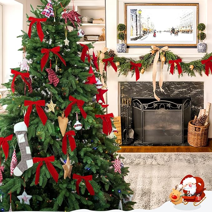 Christmas Decorations - Christmas Bows - 24 Pcs 7 x 6 inch Medium Red Velvet Bows for Christmas Tree - Burgundy Xmas Ribbon Ornaments - Home Decor for Wreath Garland Gift Wrapping Crafts Wedding Party