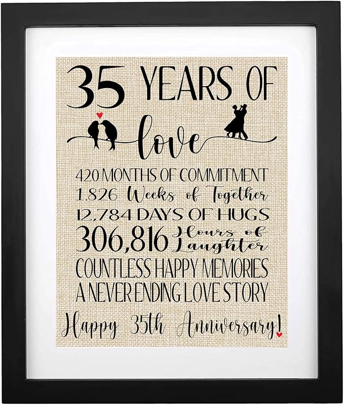 Framed 35 Years of Love Burlap Print, Gift for Parents Grandparents 35th Anniversary, Romantic Gifts for Couple 35 Years Anniversary, Happy 35th Anniversary Decoration