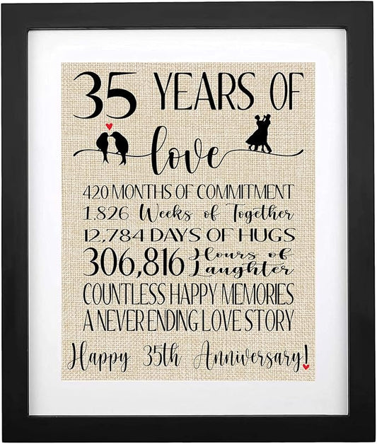 Framed 35 Years of Love Burlap Print, Gift for Parents Grandparents 35th Anniversary, Romantic Gifts for Couple 35 Years Anniversary, Happy 35th Anniversary Decoration