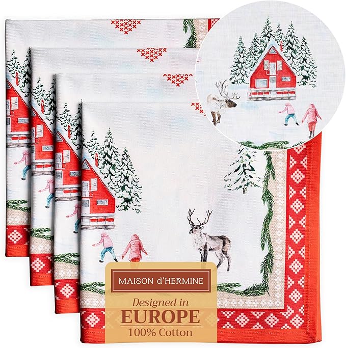 Maison d' Hermine Cloth Napkins Set of 4 100% Cotton Everyday Reusable Square Napkins Cloth Washable, Dinner, Party, Wedding, Restaurant (Rural Christmas, 20" x 20")
