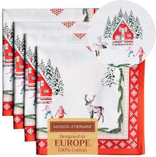 Maison d' Hermine Cloth Napkins Set of 4 100% Cotton Everyday Reusable Square Napkins Cloth Washable, Dinner, Party, Wedding, Restaurant (Rural Christmas, 20" x 20")