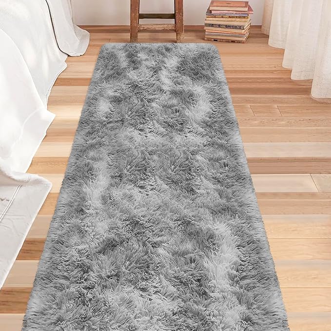 Super Soft Fluffy Living Room Area Rug 2x8 ft Tie-Dyed Light Grey Shaggy Furry Carpet Washable Non-Slip Floor Rugs Bedroom Bedside Nursery Rug Fuzzy Boys Girls Dorm Home Decor Aesthetic