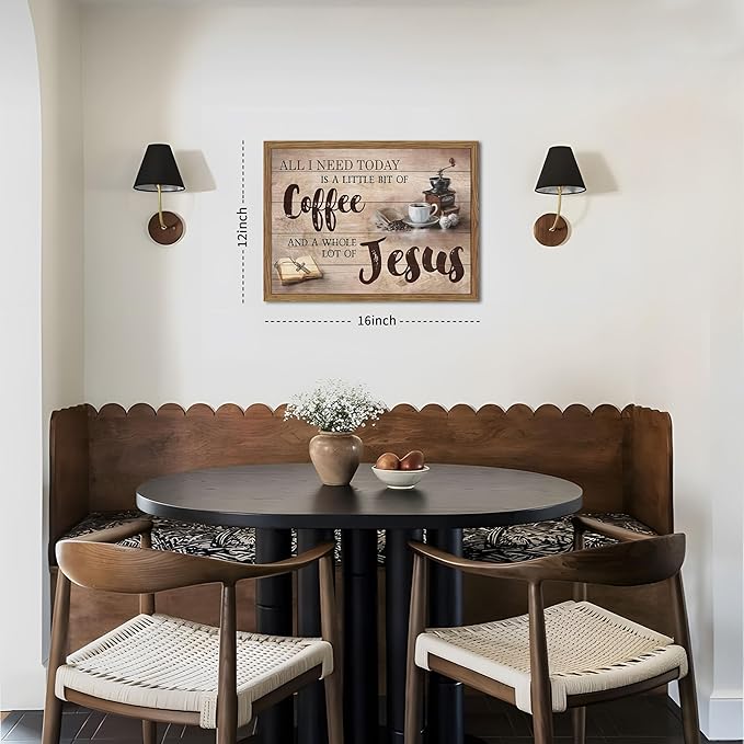 Wood Framed Christian Kitchen Wall Art, All I Need Today Coffee & Jesus Canvas Wall Decor Paintings, Coffee Motivational Posters Prints Pictures for Kitchen Bedroom Dining Room 12x16 Inch