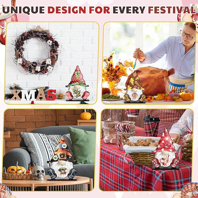 Blulu Interchangeable Wooden Gnome Decor DIY Holiday Seasonal Fall Gnomes Halloween Tiered Tray Decoration with Magnet Pieces Halloween Welcome Sign for Holiday Decorations(Vivid)