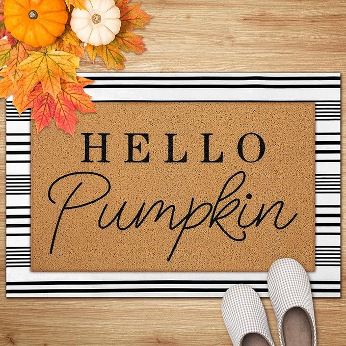 2 Pcs Fall Door Mat Hello Pumpkin Welcome Non Slip Coir Mats Thanksgiving Black White Stripe Harvest Floor Layering Doormats Seasonal for Front Porch Entryway Decor(Hello Pumpkin)