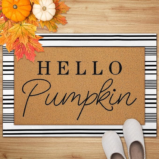 2 Pcs Fall Door Mat Hello Pumpkin Welcome Non Slip Coir Mats Thanksgiving Black White Stripe Harvest Floor Layering Doormats Seasonal for Front Porch Entryway Decor(Hello Pumpkin)