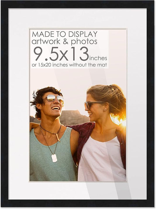 9.5x13 Frame Black Wood with White Mat | 15x20 Frame Matted to 9.5x13 | Display Your Artwork Under UV Acrylic Shatter Guard Front, with Foam Board Backing and Wall Hanging Hardware - Wood Frame